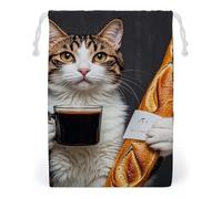 FHESDCW Cat Bread Coffee Drawstring Bag Canvas, Reusable Travel Jewelry Pouches, Washable Storage Bags for Gift, Candy, Cosmetics 12 * 18cm