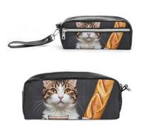 FHESDCW Cat Bread Coffee Pencil Case Large Capacity with Zipper, Hanging Water Proof Cosmetic Bag for Travel, Vintage Leather Pencil Pouch for Women Men