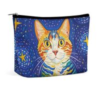 FHESDCW Cat Looking at Stars Makeup Bag for Women PU Leather Waterproof Cosmetic Bag with Zipper Portable Travel Makeup Organizer