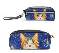 FHESDCW Cat Looking at Stars Pencil Case Large Capacity with Zipper, Hanging Water Proof Cosmetic Bag for Travel, Vintage Leather Pencil Pouch for Women Men