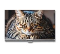 FHESDCW Cat Sleeping Business Card Holder for Men & Women, Professional Card Case with Buckle Style Shut, Compact And Portable Metal Case for Office Workers, style, One Size, Classic