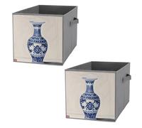 FHESDCW Chinese Blue Porcelain Vase Foldable Storage Box with Handles, Durable Oxford Storage Cubes, 2PCS Collapsible Closet Organizer for Home, Shelf, Office, Travel