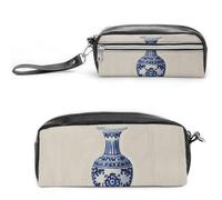FHESDCW Chinese Blue Porcelain Vase Pencil Case Large Capacity with Zipper, Hanging Water Proof Cosmetic Bag for Travel, Vintage Leather Pencil Pouch for Women Men