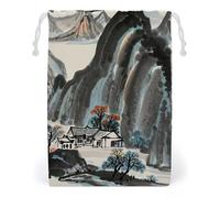 FHESDCW Chinese Landscape Painting Drawstring Bag Canvas, Reusable Travel Jewelry Pouches, Washable Storage Bags for Gift, Candy, Cosmetics 20 * 25cm