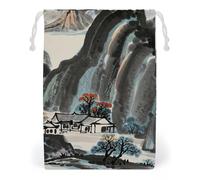 FHESDCW Chinese Landscape Painting Drawstring Bag Canvas, Reusable Travel Jewelry Pouches, Washable Storage Bags for Gift, Candy, Cosmetics 12 * 18cm