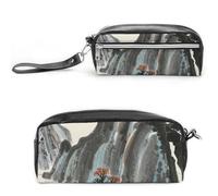 FHESDCW Chinese Landscape Painting Pencil Case Large Capacity with Zipper, Hanging Water Proof Cosmetic Bag for Travel, Vintage Leather Pencil Pouch for Women Men