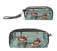 FHESDCW Chinese Style Mandarin Ducks Pencil Case Large Capacity with Zipper, Hanging Water Proof Cosmetic Bag for Travel, Vintage Leather Pencil Pouch for Women Men