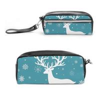 FHESDCW Christmas Deer And Snowflakes Pencil Case Large Capacity with Zipper, Hanging Water Proof Cosmetic Bag for Travel, Vintage Leather Pencil Pouch for Women Men