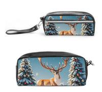 FHESDCW Christmas Deer Snow Tree Pencil Case Large Capacity with Zipper, Hanging Water Proof Cosmetic Bag for Travel, Vintage Leather Pencil Pouch for Women Men
