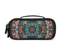 FHESDCW Circular And Eastern Patterns Pencil Case with Zipper - Large Capacity, Portable Small Cosmetic Bag for Travel, Vintage PU Leather Pencil Pouch for Women Men