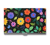 FHESDCW Colorful Flowers And Leaves Business Card Holder for Men & Women, Professional Card Case with Buckle Style Shut, Compact And Portable Metal Case for Office Workers, style, One Size, Classic
