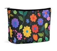 FHESDCW Colorful Flowers And Leaves Makeup Bag for Women PU Leather Waterproof Cosmetic Bag with Zipper Portable Travel Makeup Organizer