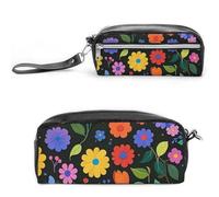 FHESDCW Colorful Flowers And Leaves Pencil Case Large Capacity with Zipper, Hanging Water Proof Cosmetic Bag for Travel, Vintage Leather Pencil Pouch for Women Men