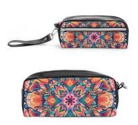 FHESDCW Colorful Symmetrical Pattern Pencil Case Large Capacity with Zipper, Hanging Water Proof Cosmetic Bag for Travel, Vintage Leather Pencil Pouch for Women Men