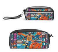FHESDCW Cool Basketball Theme Pencil Case Large Capacity with Zipper, Hanging Water Proof Cosmetic Bag for Travel, Vintage Leather Pencil Pouch for Women Men