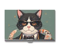 FHESDCW Cool Rich Gangster Boss Cat Business Card Holder for Men & Women, Professional Card Case with Buckle Style Shut, Compact And Portable Metal Case for Office Workers, style, One Size, Classic