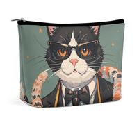 FHESDCW Cool Rich Gangster Boss Cat Makeup Bag for Women PU Leather Waterproof Cosmetic Bag with Zipper Portable Travel Makeup Organizer