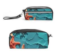 FHESDCW Coral And Starfish Pencil Case Large Capacity with Zipper, Hanging Water Proof Cosmetic Bag for Travel, Vintage Leather Pencil Pouch for Women Men