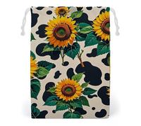 FHESDCW Cow Patterned Sunflower Drawstring Bag Canvas, Reusable Travel Jewelry Pouches, Washable Storage Bags for Gift, Candy, Cosmetics 12 * 18cm