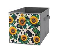 FHESDCW Cow Patterned Sunflower Foldable Storage Box with Handles, Durable Oxford Storage Cubes, 1PCS Collapsible Closet Organizer for Home, Shelf, Office, Travel
