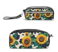 FHESDCW Cow Patterned Sunflower Pencil Case Large Capacity with Zipper, Hanging Water Proof Cosmetic Bag for Travel, Vintage Leather Pencil Pouch for Women Men