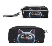 FHESDCW Cute Black Cat Shape Pencil Case Large Capacity with Zipper, Hanging Water Proof Cosmetic Bag for Travel, Vintage Leather Pencil Pouch for Women Men