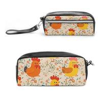 FHESDCW Cute Rooster And Chick Pencil Case Large Capacity with Zipper, Hanging Water Proof Cosmetic Bag for Travel, Vintage Leather Pencil Pouch for Women Men