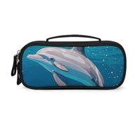 FHESDCW Dolphins Swimming in The Ocean Pencil Case with Zipper - Large Capacity, Portable Small Cosmetic Bag for Travel, Vintage PU Leather Pencil Pouch for Women Men