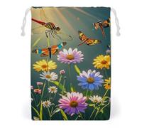 FHESDCW Dragonflies Flowers And Plants Drawstring Bag Canvas, Reusable Travel Jewelry Pouches, Washable Storage Bags for Gift, Candy, Cosmetics 12 * 18cm