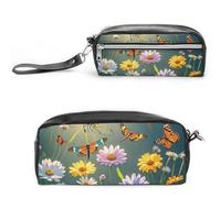 FHESDCW Dragonflies Flowers And Plants Pencil Case Large Capacity with Zipper, Hanging Water Proof Cosmetic Bag for Travel, Vintage Leather Pencil Pouch for Women Men