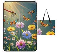FHESDCW Dragonflies Flowers and Plants Picnic Blanket with Zippered Tote Bag, Waterproof Portable Outdoor Blanket, Lightweight Foldable Outdoor Mat for Beach, Camping, Park, 150x100cm