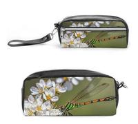 FHESDCW Dragonflies on Flowers And Branches Pencil Case Large Capacity with Zipper, Hanging Water Proof Cosmetic Bag for Travel, Vintage Leather Pencil Pouch for Women Men