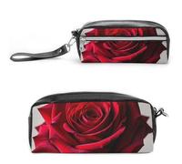 FHESDCW Elegant Red Rose Pencil Case Large Capacity with Zipper, Hanging Water Proof Cosmetic Bag for Travel, Vintage Leather Pencil Pouch for Women Men