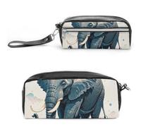 FHESDCW Elephant Watercolor Style Pencil Case Large Capacity with Zipper, Hanging Water Proof Cosmetic Bag for Travel, Vintage Leather Pencil Pouch for Women Men