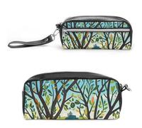 FHESDCW Exotic Tree Branch Sketch Cartoon Pencil Case Large Capacity with Zipper, Hanging Water Proof Cosmetic Bag for Travel, Vintage Leather Pencil Pouch for Women Men