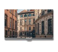 FHESDCW Facade Architecture Urban Image Business Card Holder for Men & Women, Professional Card Case with Buckle Style Shut, Compact And Portable Metal Case for Office Workers, style, One Size