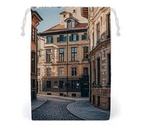 FHESDCW Facade Architecture Urban Image Drawstring Bag Canvas, Reusable Travel Jewelry Pouches, Washable Storage Bags for Gift, Candy, Cosmetics 12 * 18cm