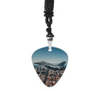 FHESDCW Fighter Jets Fly over Cities Guitar Pick Necklace, Titanium Steel Guitar Pick with 23Inch Black Cord, Unique Music Jewelry Gift for Men Women