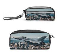 FHESDCW Fighter Jets Fly over Cities Pencil Case Large Capacity with Zipper, Hanging Water Proof Cosmetic Bag for Travel, Vintage Leather Pencil Pouch for Women Men