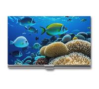 FHESDCW Fish Coral Reef Business Card Holder for Men & Women, Professional Card Case with Buckle Style Shut, Compact And Portable Metal Case for Office Workers