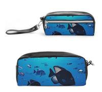 FHESDCW Fish Hover in The Sea Pencil Case Large Capacity with Zipper, Hanging Water Proof Cosmetic Bag for Travel, Vintage Leather Pencil Pouch for Women Men