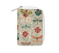 FHESDCW Flowers And Red Green Dragonflies Card Holder for Men Women, Leather Credit Card Holder with 20 Card Slots Small Purse with Zipper