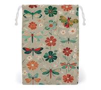 FHESDCW Flowers And Red Green Dragonflies Drawstring Bag Canvas, Reusable Travel Jewelry Pouches, Washable Storage Bags for Gift, Candy, Cosmetics 12 * 18cm