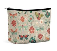 FHESDCW Flowers And Red Green Dragonflies Makeup Bag for Women PU Leather Waterproof Cosmetic Bag with Zipper Portable Travel Makeup Organizer
