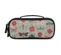 FHESDCW Flowers And Red Green Dragonflies Pencil Case with Zipper - Large Capacity, Portable Small Cosmetic Bag for Travel, Vintage PU Leather Pencil Pouch for Women Men