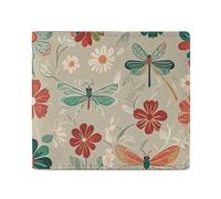 FHESDCW Flowers And Red Green Dragonflies Wallet Elegant Leather Wallets with ID Window & 2 Card Slots, Slim Bifold Wallet for Men Women