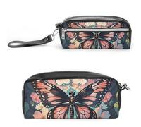 FHESDCW Flowers Butterflies And Dragonflies Pencil Case Large Capacity with Zipper, Hanging Water Proof Cosmetic Bag for Travel, Vintage Leather Pencil Pouch for Women Men