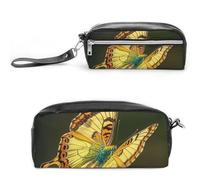FHESDCW Flying Golden Butterfly Pencil Case Large Capacity with Zipper, Hanging Water Proof Cosmetic Bag for Travel, Vintage Leather Pencil Pouch for Women Men