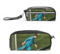 FHESDCW Football in The Goalkeeper Position Pencil Case Large Capacity with Zipper, Hanging Water Proof Cosmetic Bag for Travel, Vintage Leather Pencil Pouch for Women Men