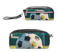 FHESDCW Football on The Grass Pencil Case Large Capacity with Zipper, Hanging Water Proof Cosmetic Bag for Travel, Vintage Leather Pencil Pouch for Women Men